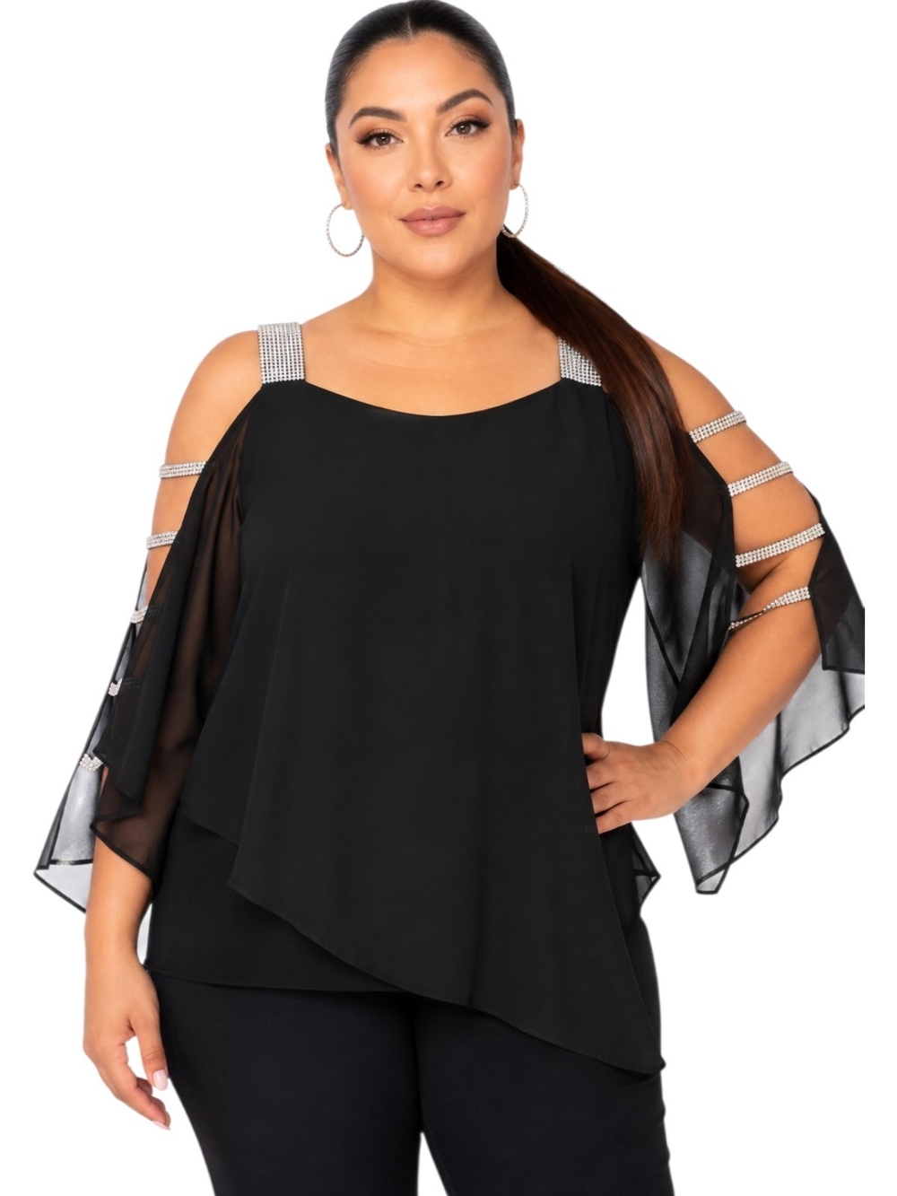 MSK Black Cold-Shoulder Chiffon Top with Rhinestone Straps. Size M.